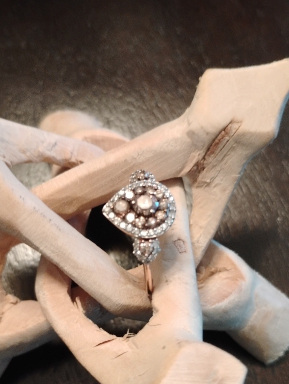 10k Rose Gold Genuine Champagne & White Diamond Pear Shaped Ring - Picture 4 of 5